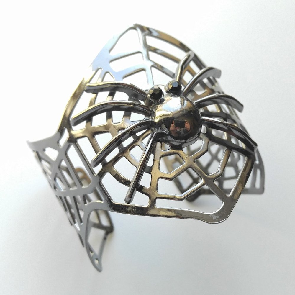 Gunmetal Spider Upon Spiderwebs Goth Cuff Bracelet
